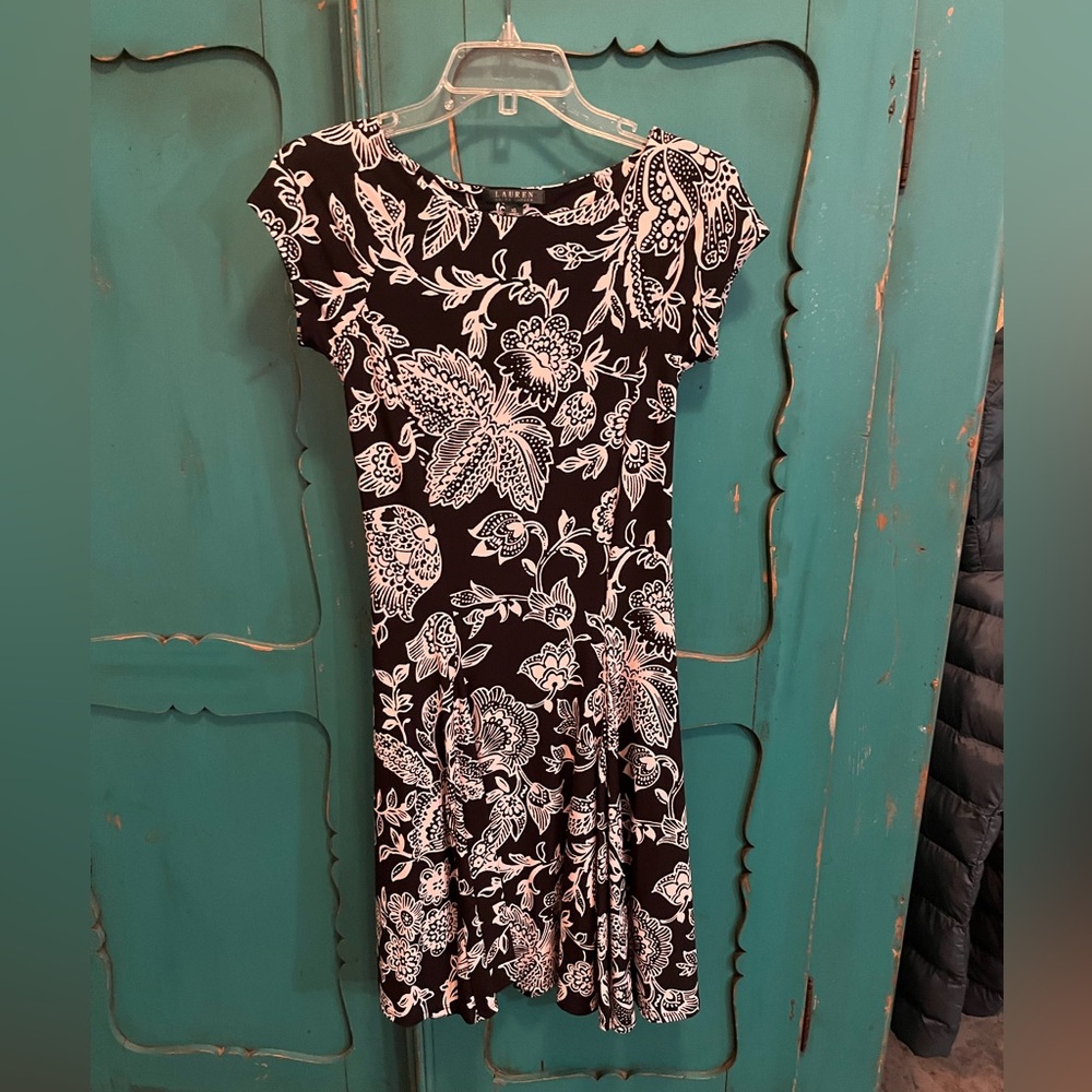 Ralph Lauren Fit Flare Black White Floral Dress Size XS